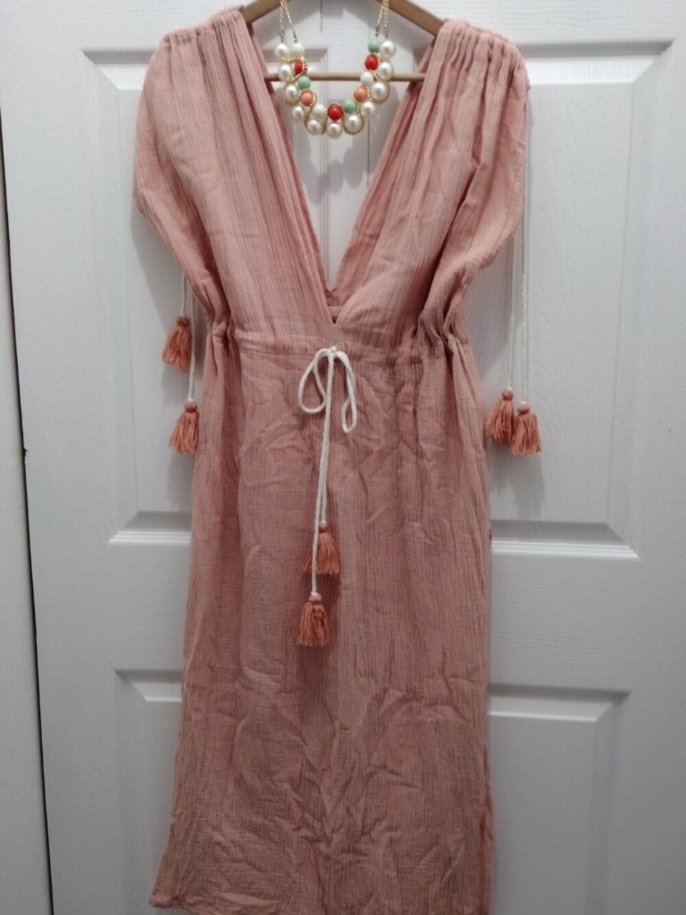 Boho Beach Cover Up Dress Peach Coral Tassel Gauze Sleeveless Resort Maxi XL 1X - Picture 3 of 7
